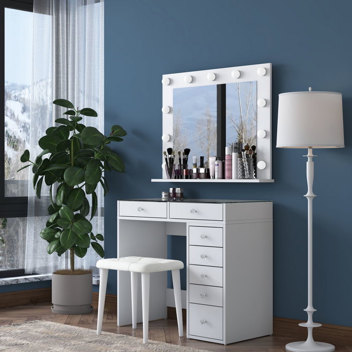 Hanah Home Mesa de Maquillaje Blanca con Espejo de 11 Focos y Puff Hanah Home Mesa de Maquillaje Blanca con Espejo de 11 Focos y Puff
